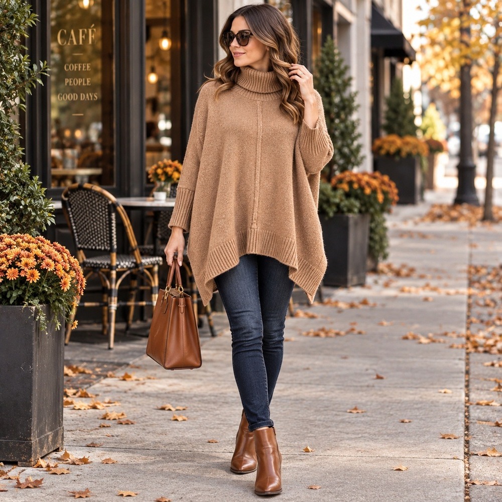 LOFT Womens Small Tan Turtleneck Poncho Batwing Sleeve Oversized Sweater Cozy